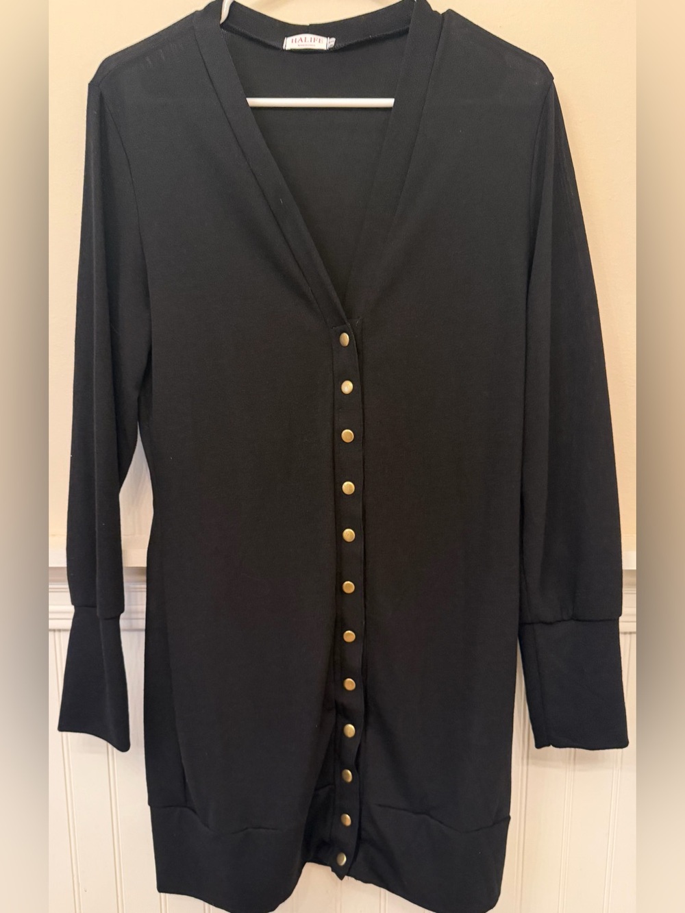 Black Women’s Long Cardigan with Gold Buttons Small